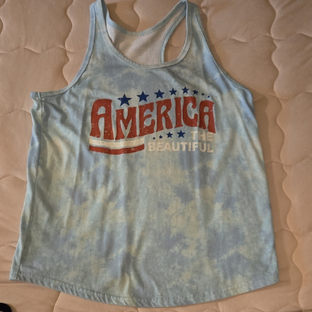 Light Blue Tie-Dye Racerback Tank Top - America The Beautiful Graphic